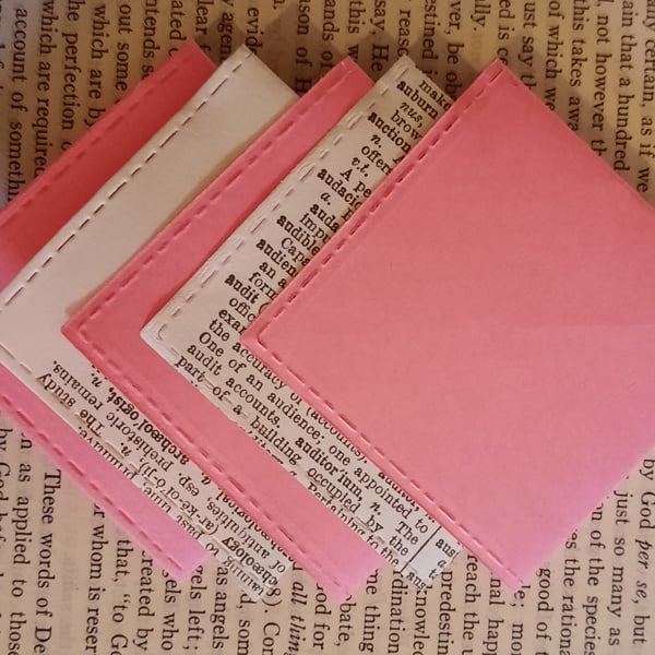 Set of Five Hand-Folded Paper Corner Bookmarks – Pink & Upcycled Book Pages