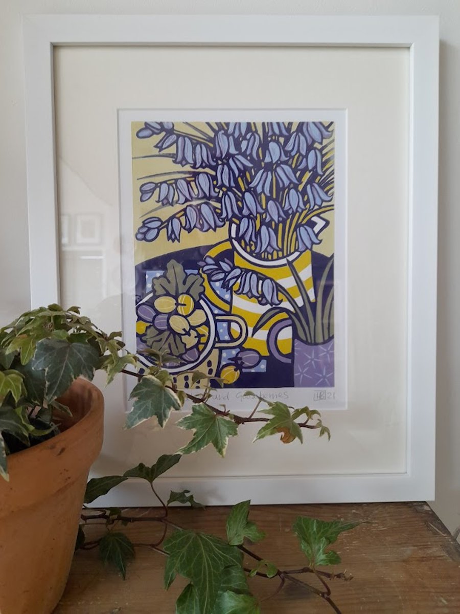 Original limited edition handmade linocut print  'Bluebells and Gooseberries'