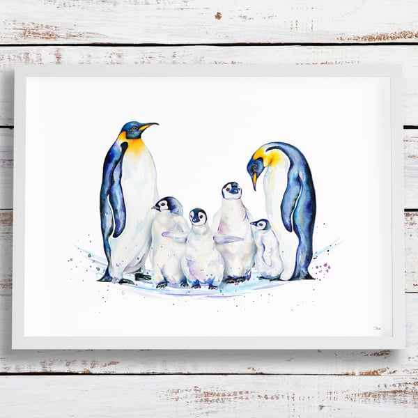 Emperor penguin group giclée print, high quality art print
