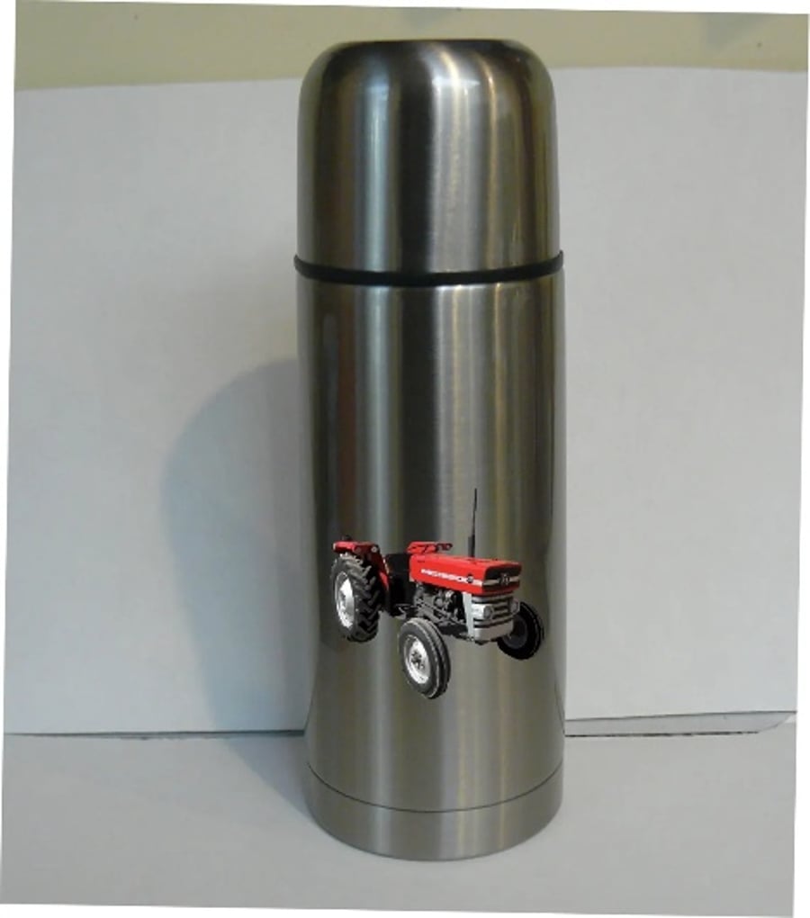 135 tractor design ,stainless steel, flask,l ,massey ferg 135 red tractor