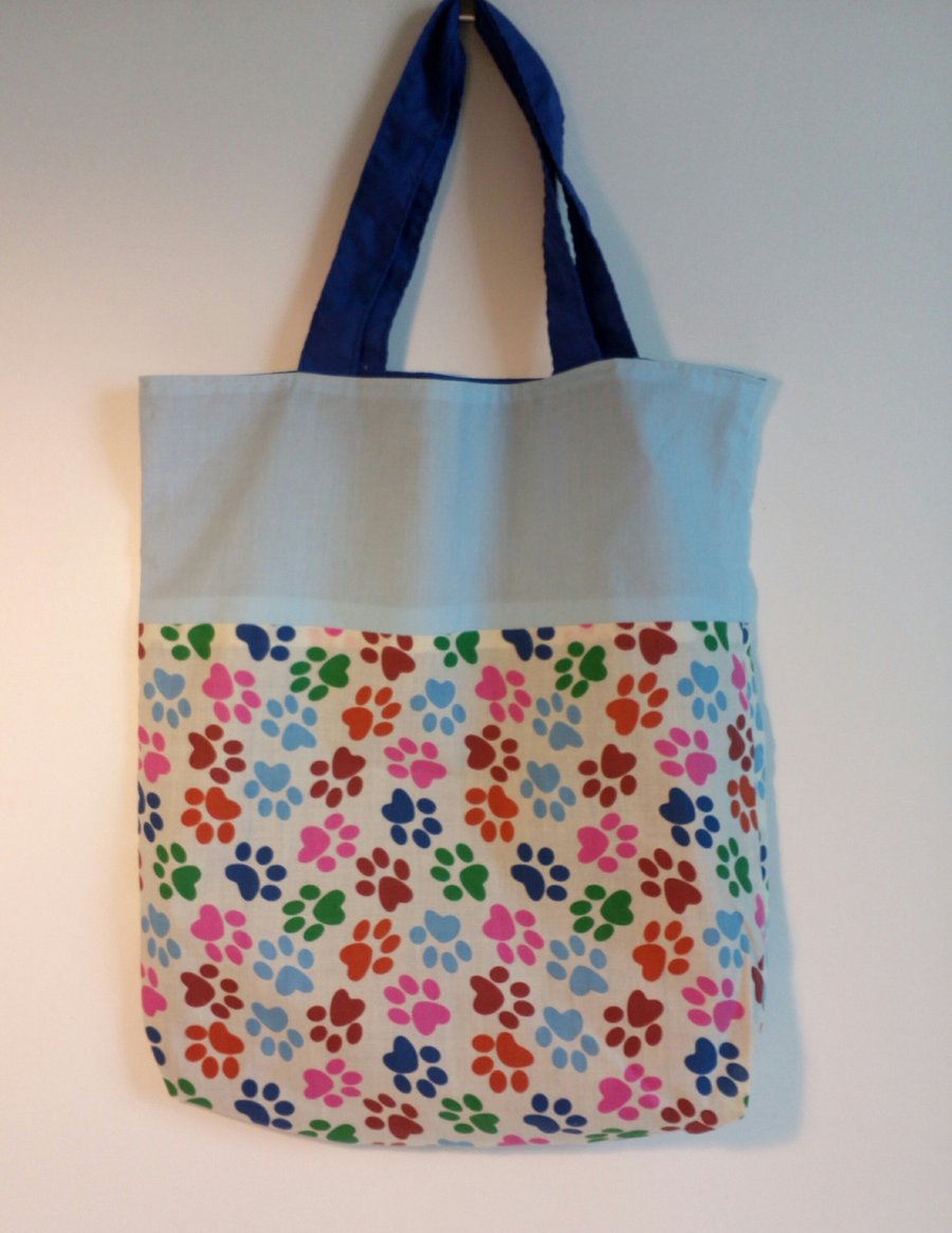Tote bag, Fabric shopping bag, cloth bag, reversible tote, paw print design, bag