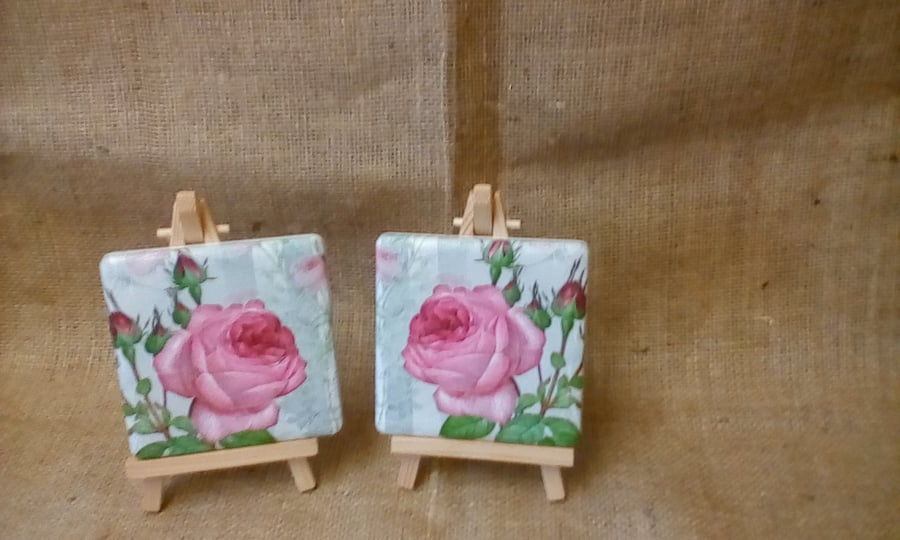 Coaster Set x 2  Pink Roses  Heat Resistant  10cm Ceramic Tile Coasters