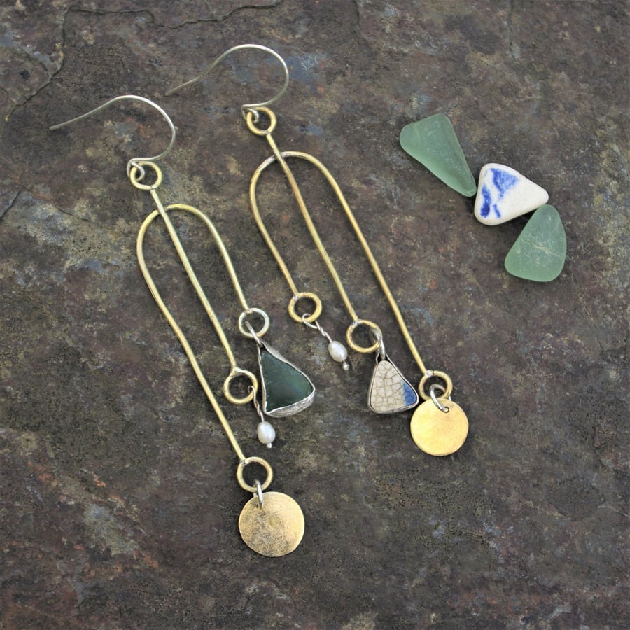  Long Brass Statement Earrings with Sea Glass, Freshwater Pearls & Beach Pottery