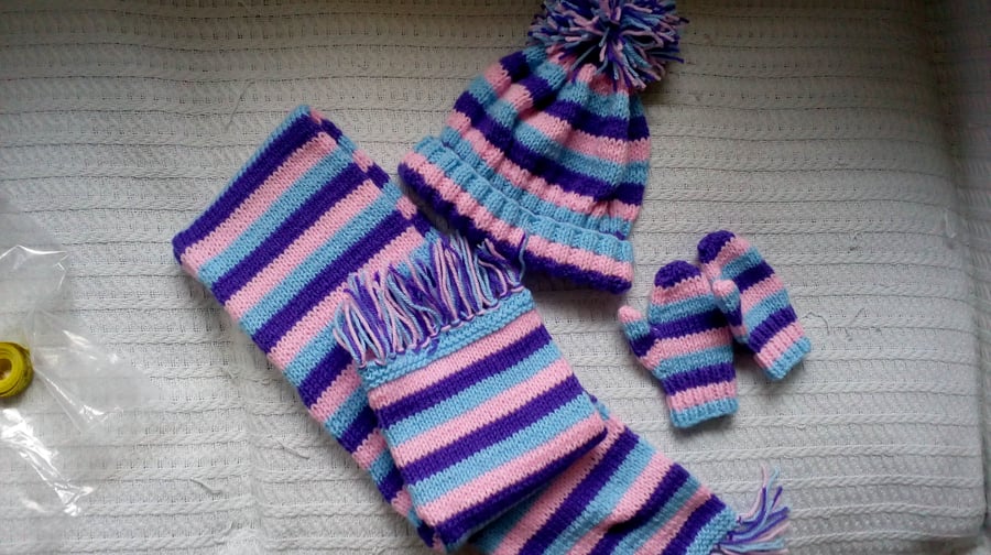 Hand knitted Scarf hat and mitts set