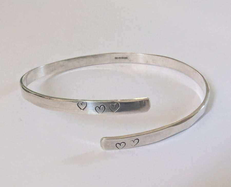 Heart Bangle, Recycled Sterling Silver, Hand Stamped