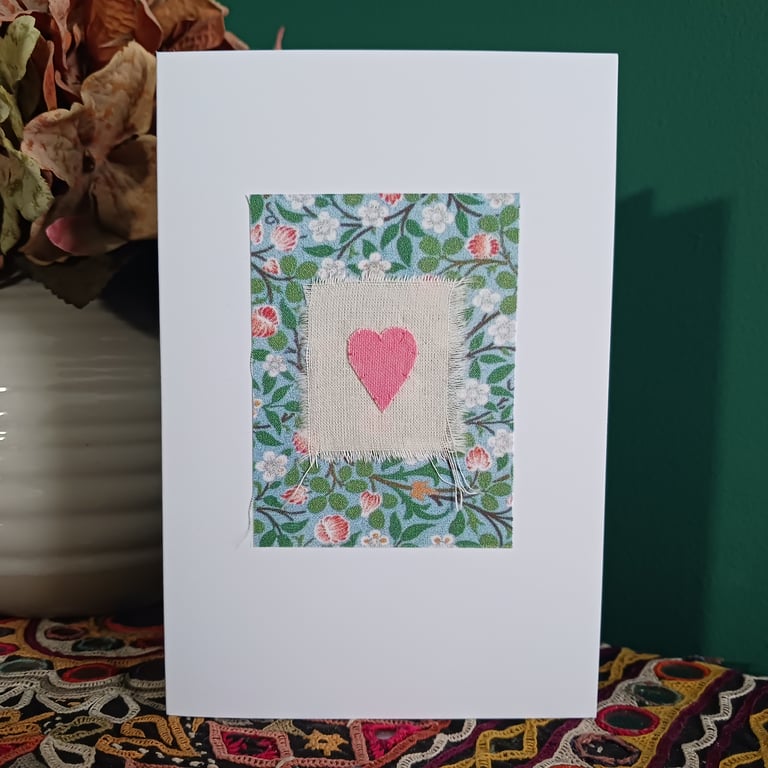William Morris Clover Fabric Hand Stitched Card with Hand Painted Heart