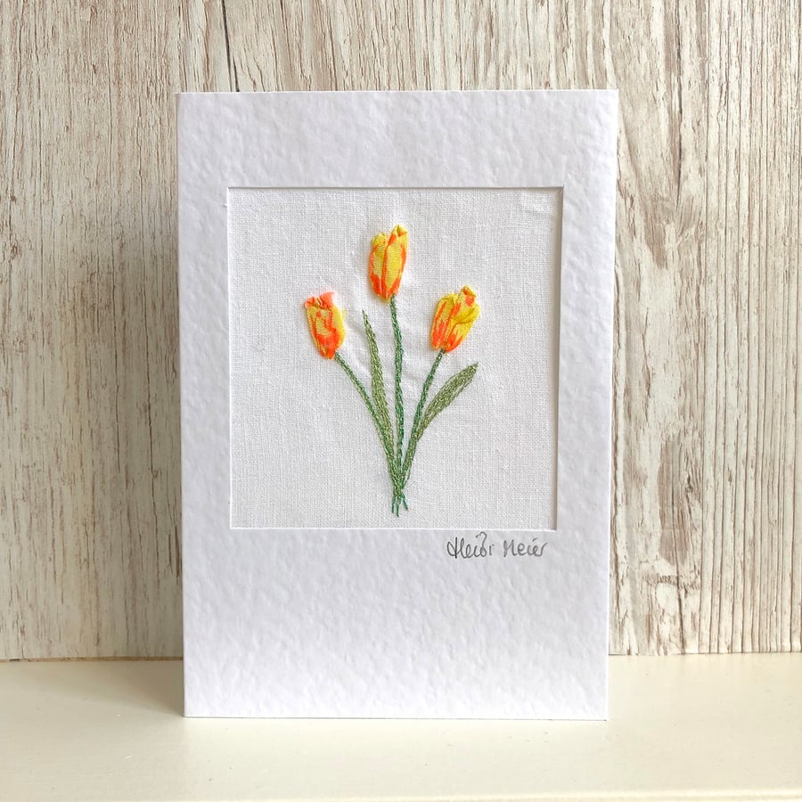 Greetings card - textile floral flower tulip - silk ribbon embroidery