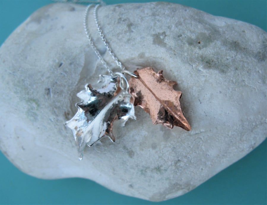 Silver and copper holly leaf necklace - hallmarked