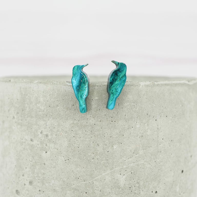 Titanium posts bird stud earrings - Mini Galaxy green Crows- Hypoallergenic