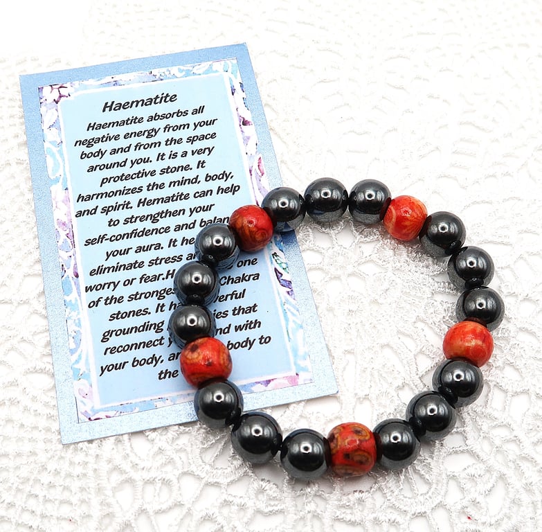 Haematite and Wood Elasticated Unisex Bracelet. 