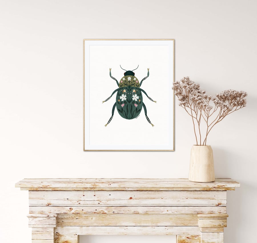 Green Botanical Floral Beetle Illustrated Art Print