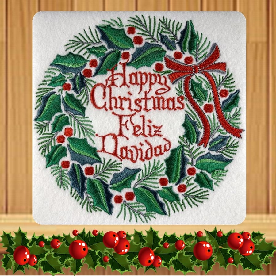 Spanish Handmade Feliz Navidad Holly Wreath Christmas card embroidered design wi