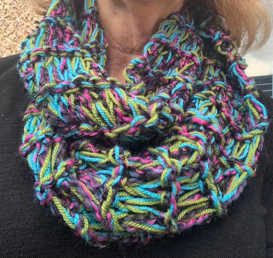 Hand knitted chunky cowl in blue, green and purple 
