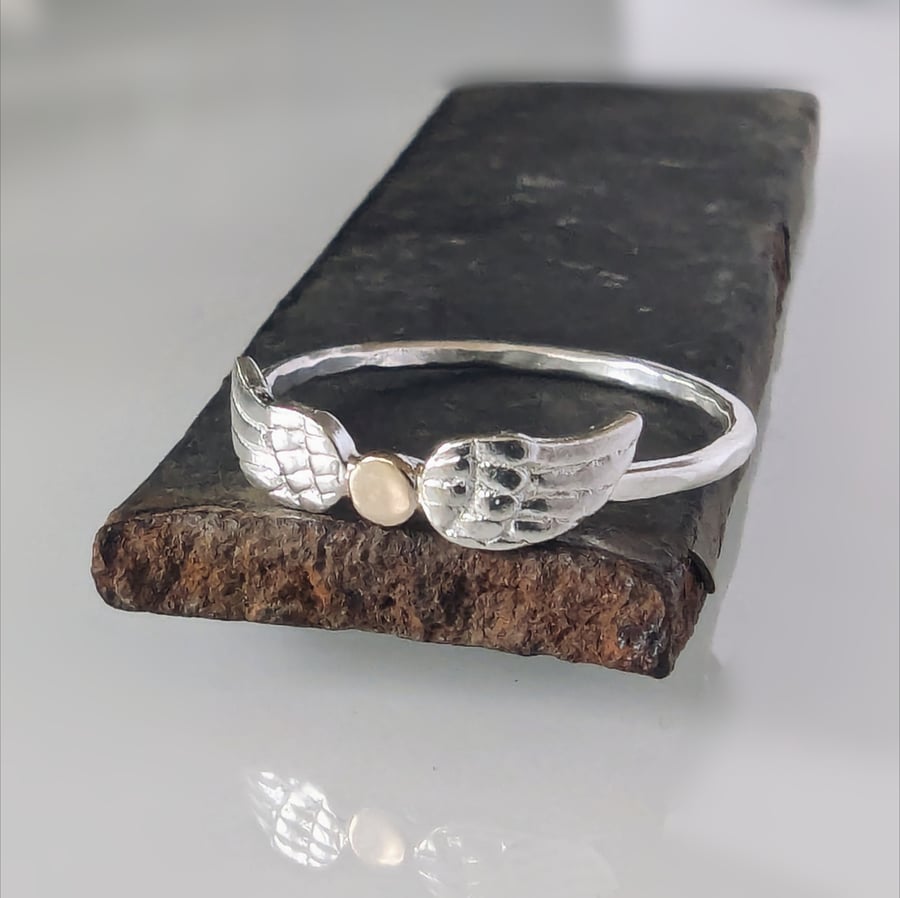 HEAVEN Recycled Sterling Silver 9 carat Gold Handmade Silver Ring with Wings