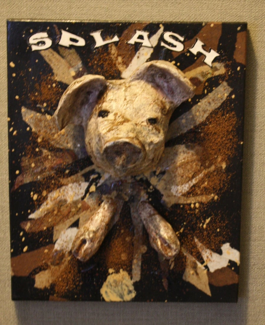 SPLASH, A UNIQUE OOAK WALL HANGING HAND MADE & PAINTED MINI PAPER MACHE PIG, 