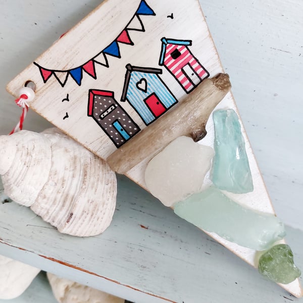 Rustic Hand Painted Beach Huts, Wooden Hanging Decoration, Sea Glass