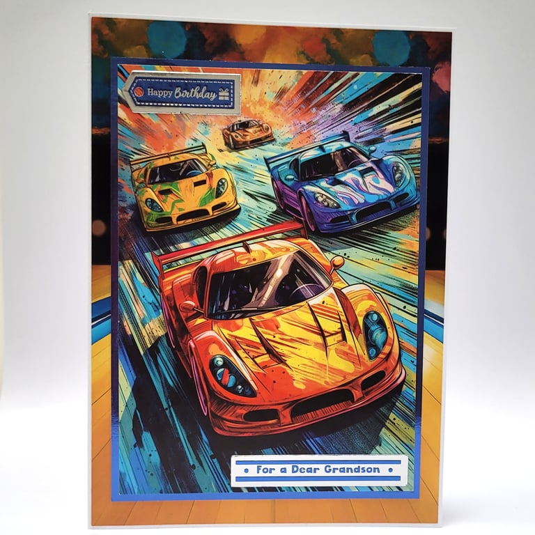 Grandson Birthday Card - Colourful Sports Racing Car Birthday Card