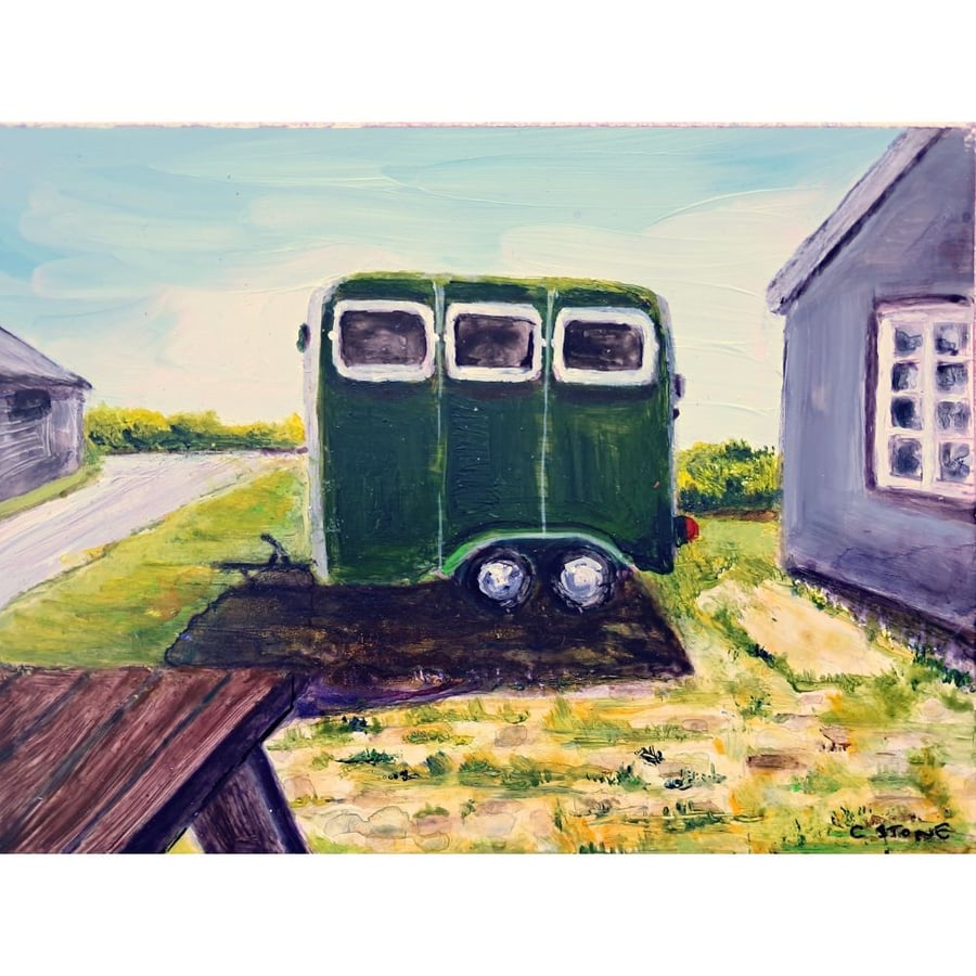 Horsebox Rural Scene Cornwall Acrylic Painting on Yupo Paper Mounted