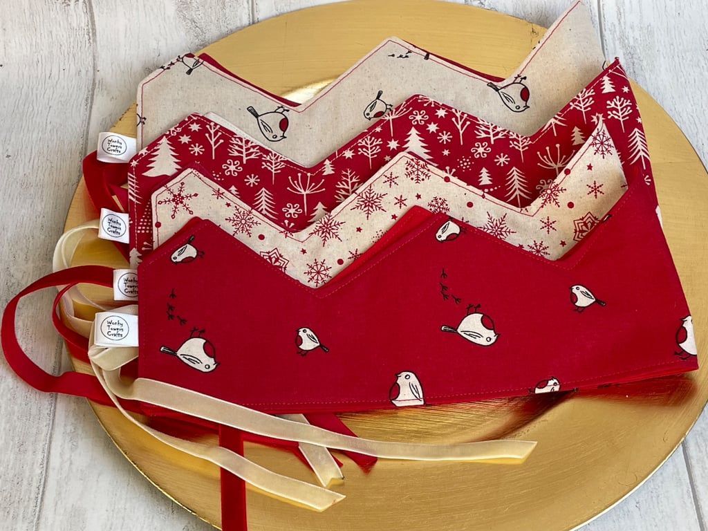 Set of 4 red and cream Skandi-style Christmas party crowns with velvet ribbons