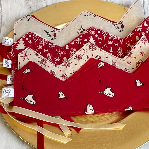 Set of 4 red and cream Skandi-style Christmas party crowns with velvet ribbons