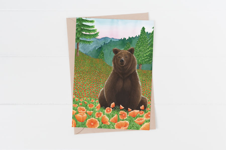 Bear in poppy field all occasions greetings card