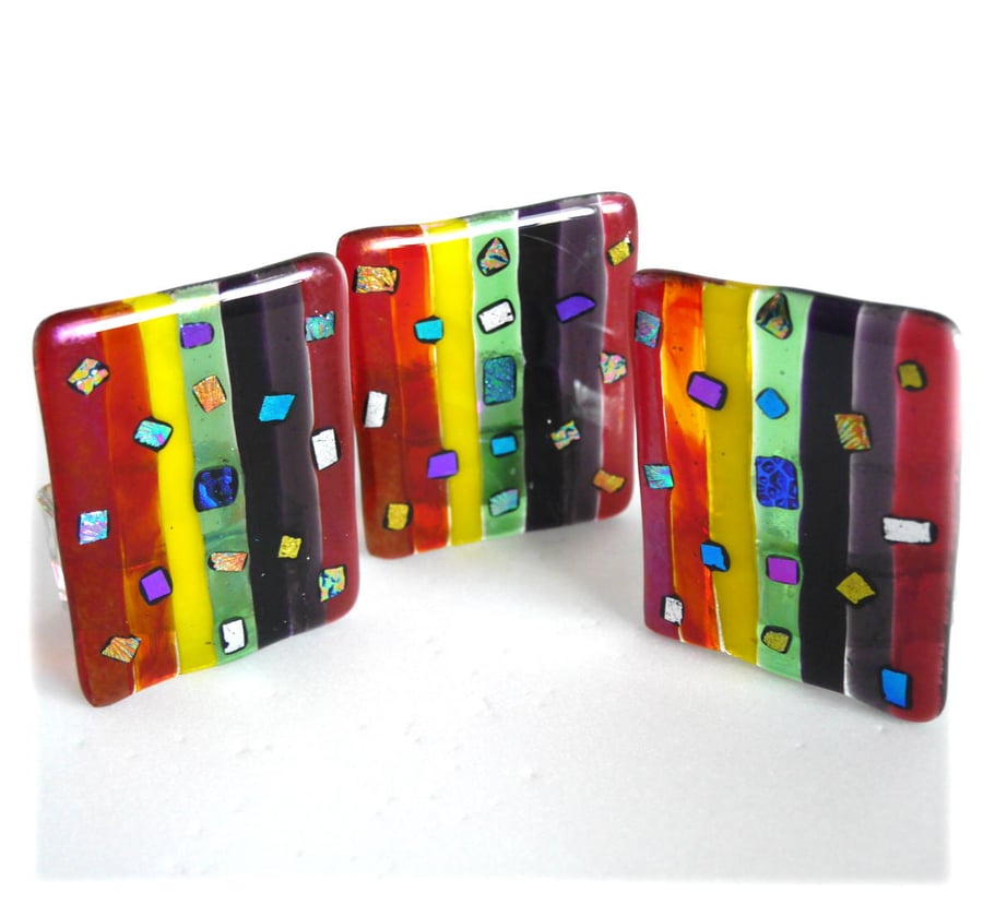 Candle Holder Fused Glass Tea-light Rainbow Striped Dichroic