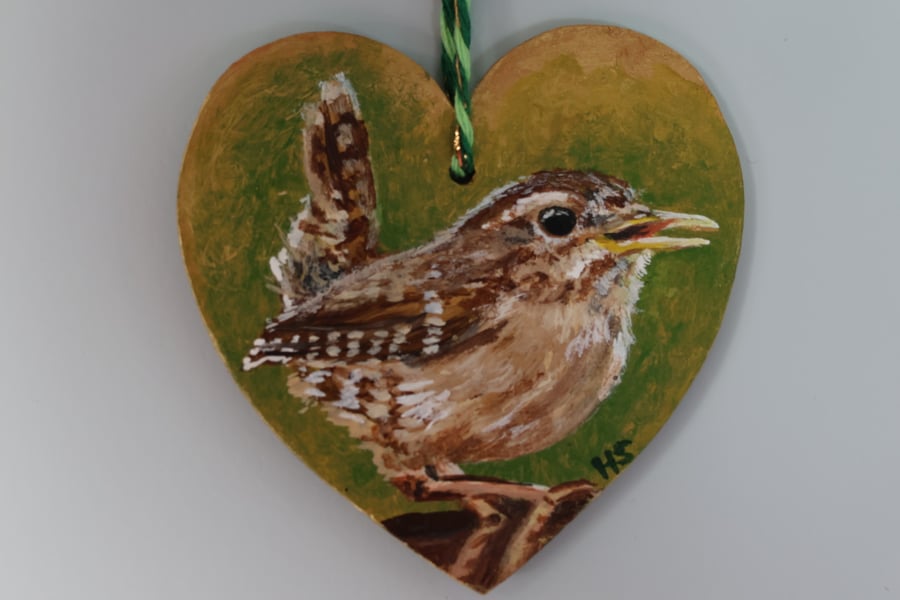 Wren Painted in Acrylics on a small Wooden Heart