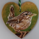 Wren Painted in Acrylics on a small Wooden Heart
