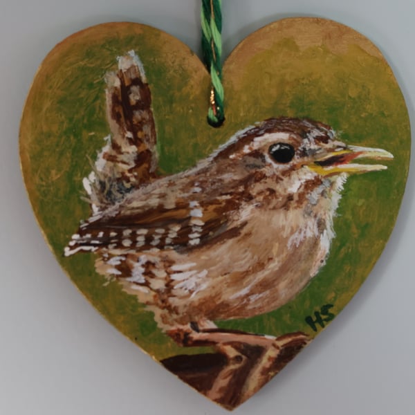 Wren Painted in Acrylics on a small Wooden Heart