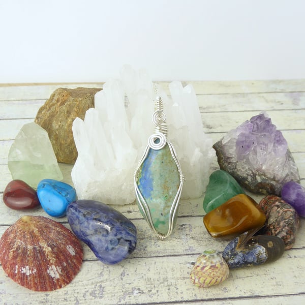 Wire Wrapped Azurite Pendant Blue Green Folksy