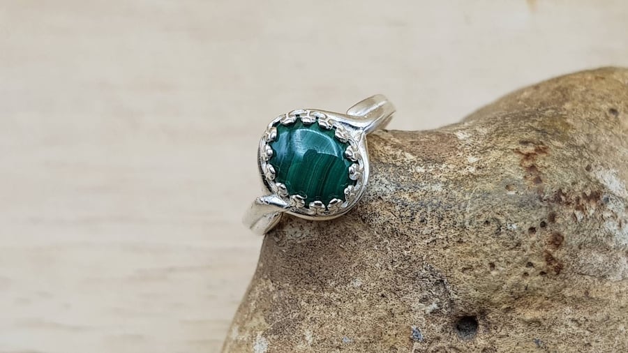 Green Malachite ring. Adjustable 925 sterling silver rings for women