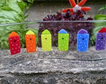 Fused Glass Freestanding Beach Hut Wave, Rainbow, spots , seaside, bright colour