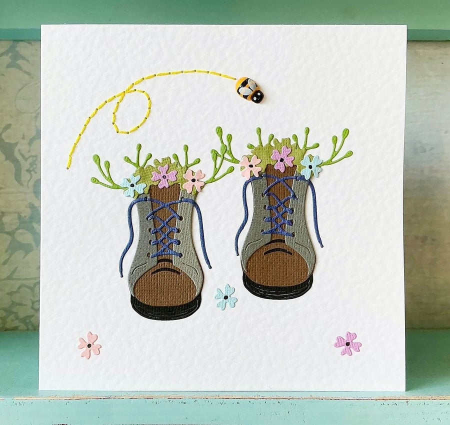 Hiking Boots Card. Walking Card. Flower Card. Blank Card. Hand Sewn Card. Cards.