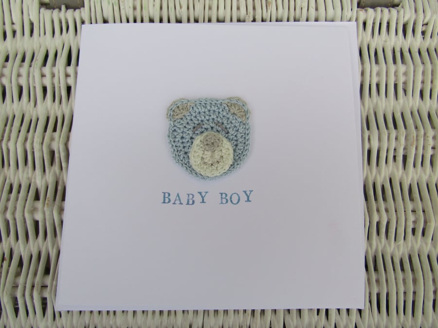 Crochet teddy baby boy card 