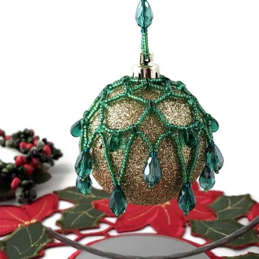 Green, Crystal & Gold Glitter Beaded Bauble