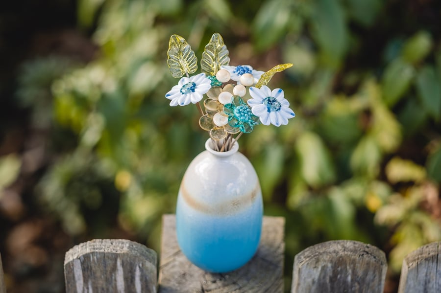 Ocean Inspired Bouquet in Ceramic Vase - Handmade Glass Flowers - Handcrafted Fl