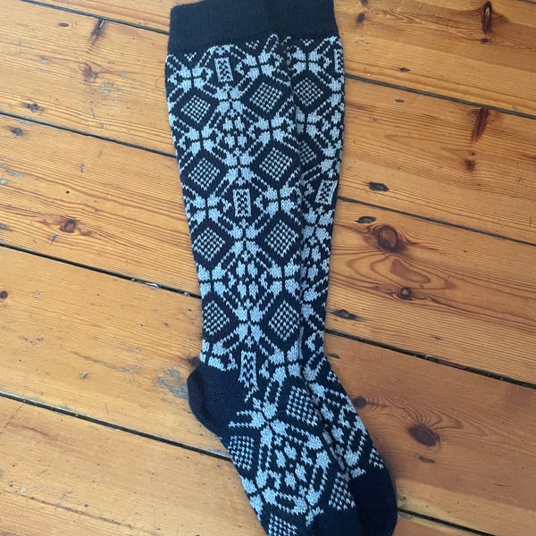 Knee length long wool socks fairisle nordic scandi navy light grey