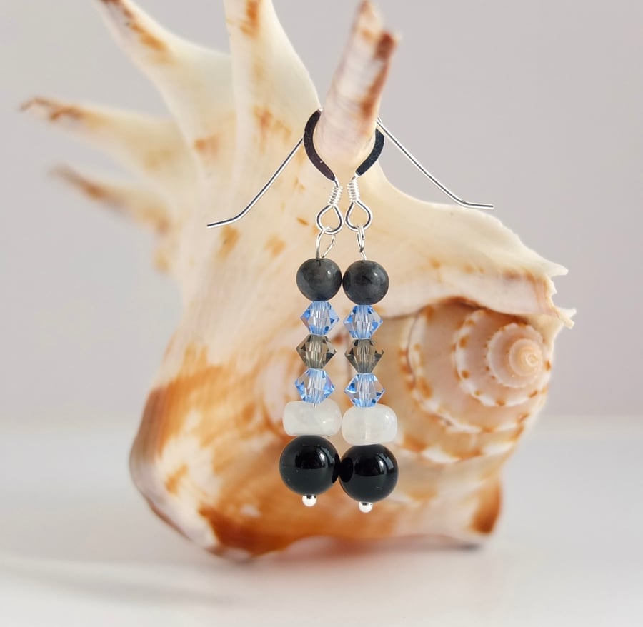 Onyx, Moonstone, Swarovski Crystal and Labradorite Sterling Silver Earrings.