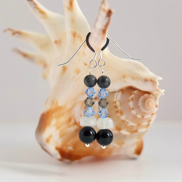 Onyx, Moonstone, Swarovski Crystal and Labradorite Sterling Silver Earrings.