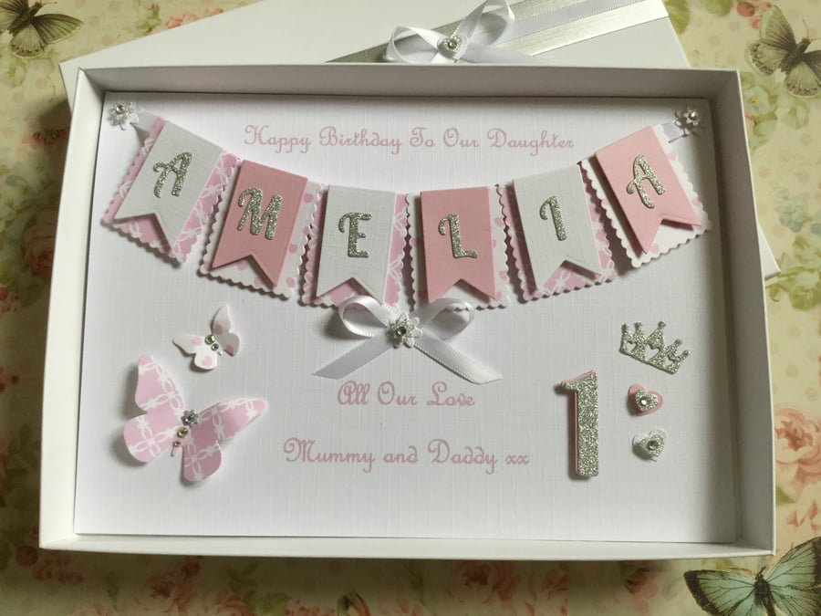Personalised Handmade 1st Birthday Card Gift Boxed Daughter Granddaughter First