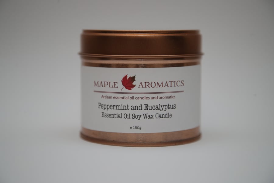 Maple Aromatics Peppermint and Eucalyptus Soy Wax Rose Gold 150g Candle Tin