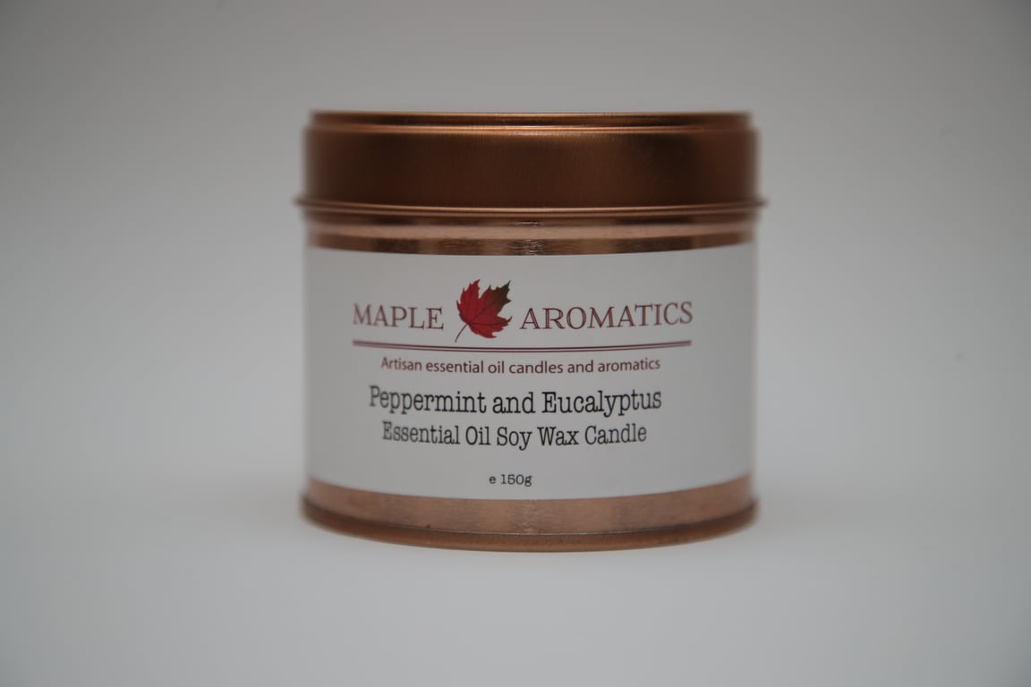 Maple Aromatics Peppermint and Eucalyptus Soy Wax Rose Gold 150g Candle Tin
