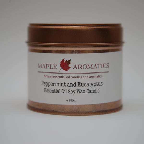 Maple Aromatics Peppermint and Eucalyptus Soy Wax Rose Gold 150g Candle Tin