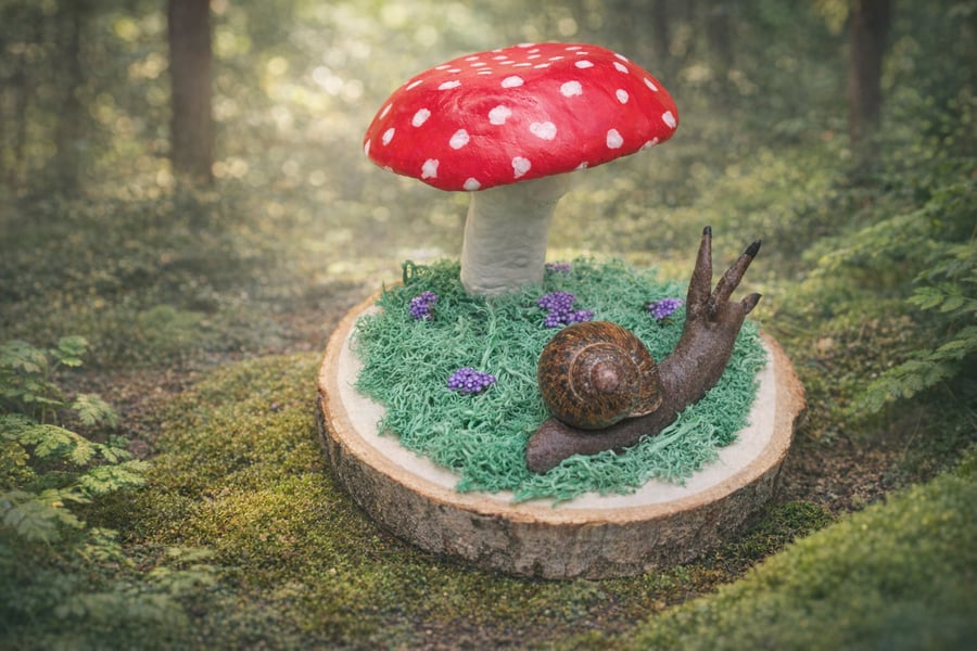 Hand painted Clay mushroom toadstool snail on a log slice woodland fairy theme