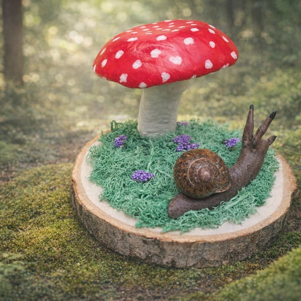 Hand painted Clay mushroom toadstool snail on a log slice woodland fairy theme
