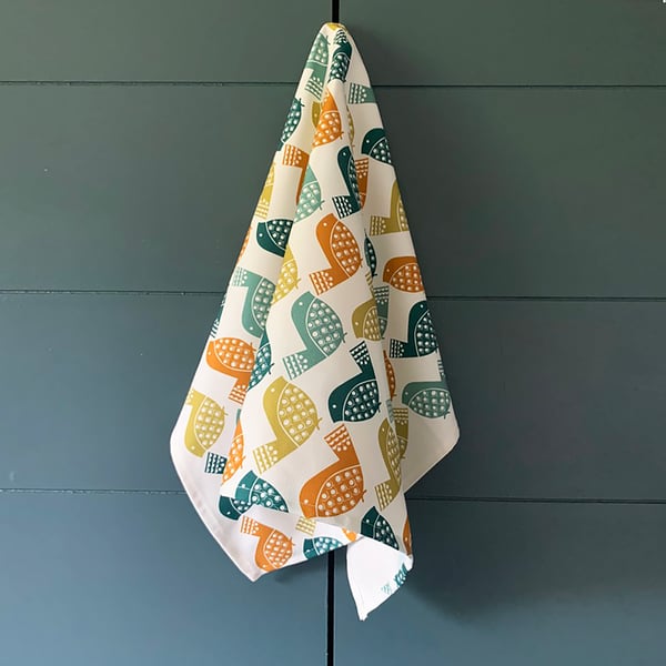 Vintage Bird Tea Towel - Orange, duckegg, teal & olive yellow