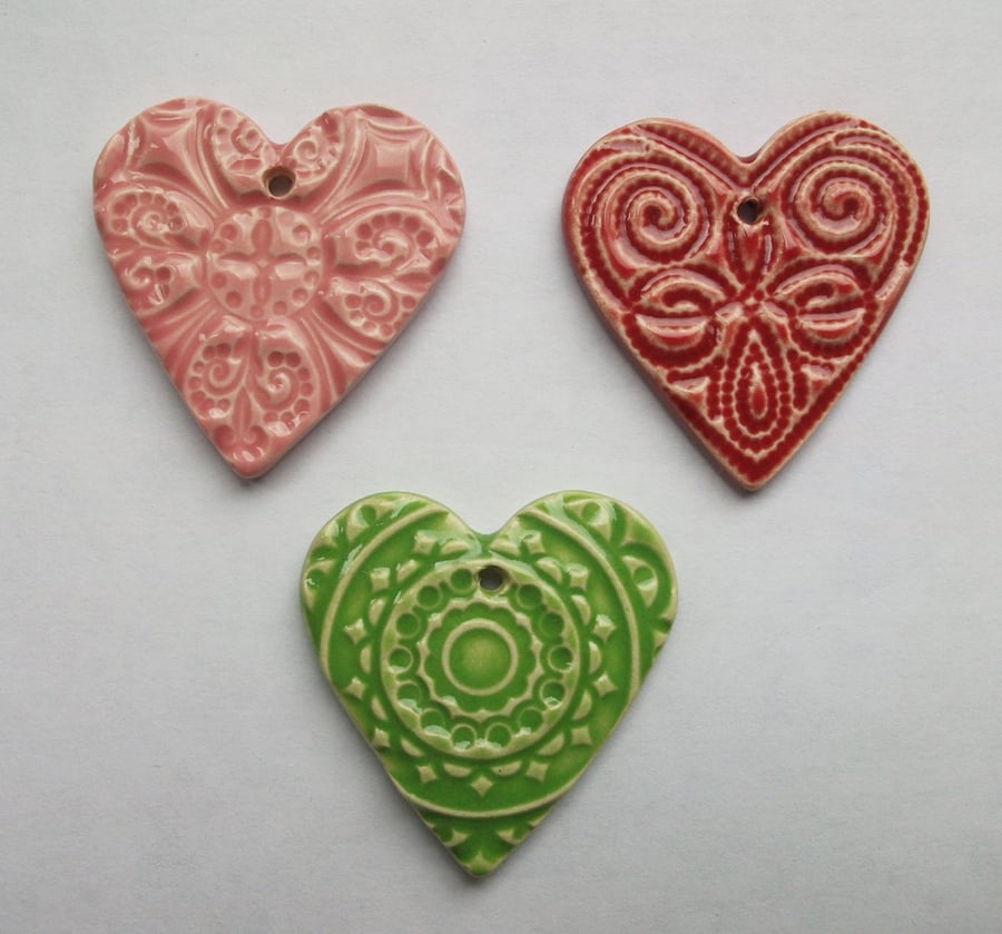 Set of three ceramic heart pendants