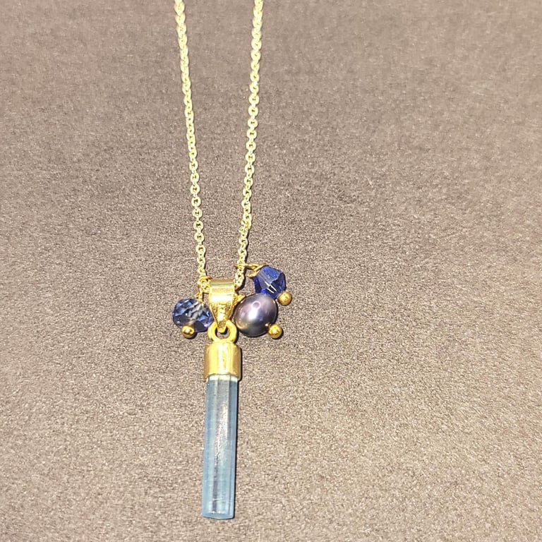 Gemstone Charm Necklace with Tourmaline Rod, Pearl Swarovski Bead, Blue Sapphire