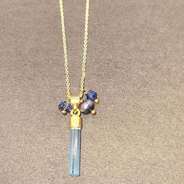Gemstone Charm Necklace with Tourmaline Rod, Pearl Swarovski Bead, Blue Sapphire