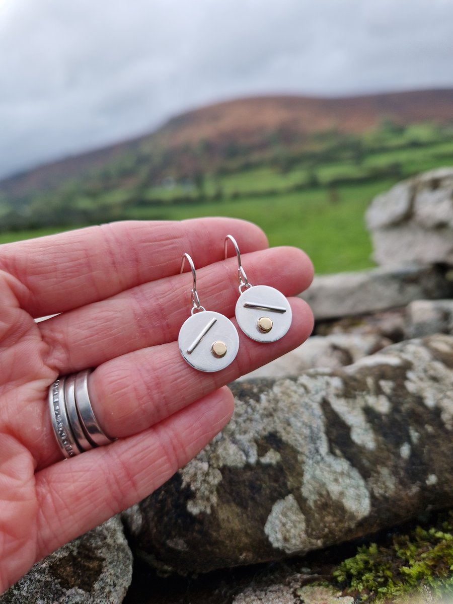 Sterling Silver Disc Earrings with 9ct Gold. Recycled Silver, Recycled Gold